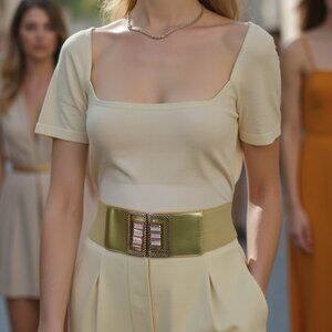 New Women Gold Elastic Wide Fashion Belt Bling Metal Square Buckle S M z089